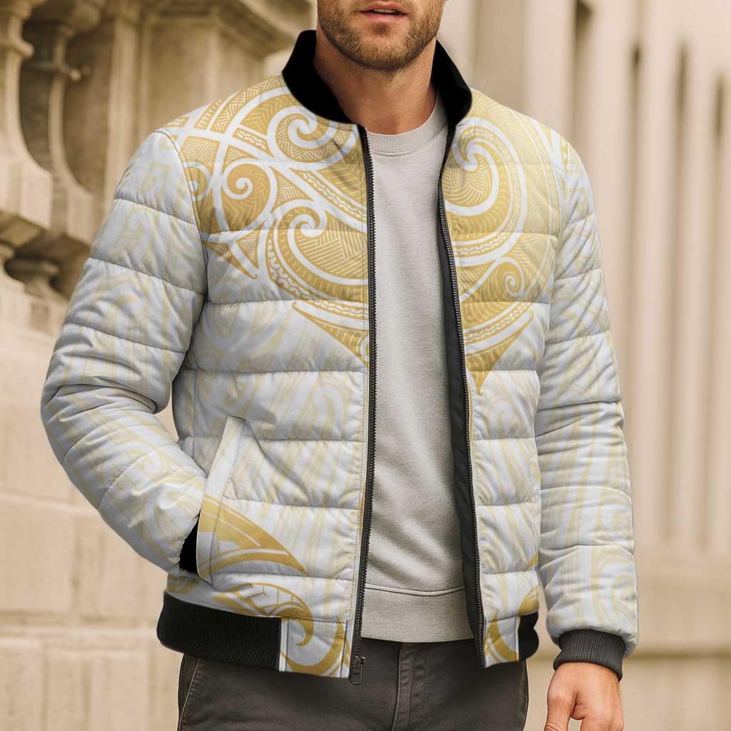 Gold White New Zealand Manta Ray Bomber Puffer Jacket Aotearoa Maori Haehae - Aussie Hoodie