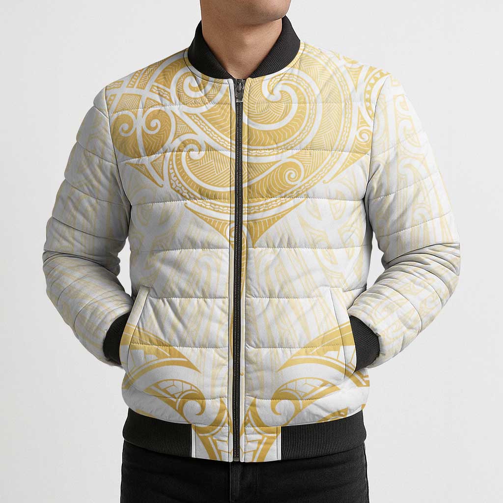 Gold White New Zealand Manta Ray Bomber Puffer Jacket Aotearoa Maori Haehae - Aussie Hoodie