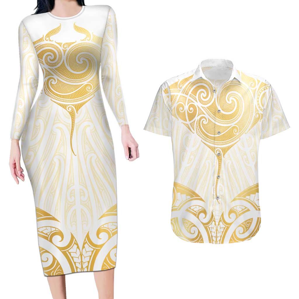 Gold White New Zealand Manta Ray Couples Matching Long Sleeve Bodycon Dress and Hawaiian Shirt Aotearoa Maori Haehae - Aussie Hoodie