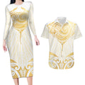Gold White New Zealand Manta Ray Couples Matching Long Sleeve Bodycon Dress and Hawaiian Shirt Aotearoa Maori Haehae - Aussie Hoodie