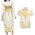 Gold White New Zealand Manta Ray Couples Matching Long Sleeve Bodycon Dress and Hawaiian Shirt Aotearoa Maori Haehae - Aussie Hoodie