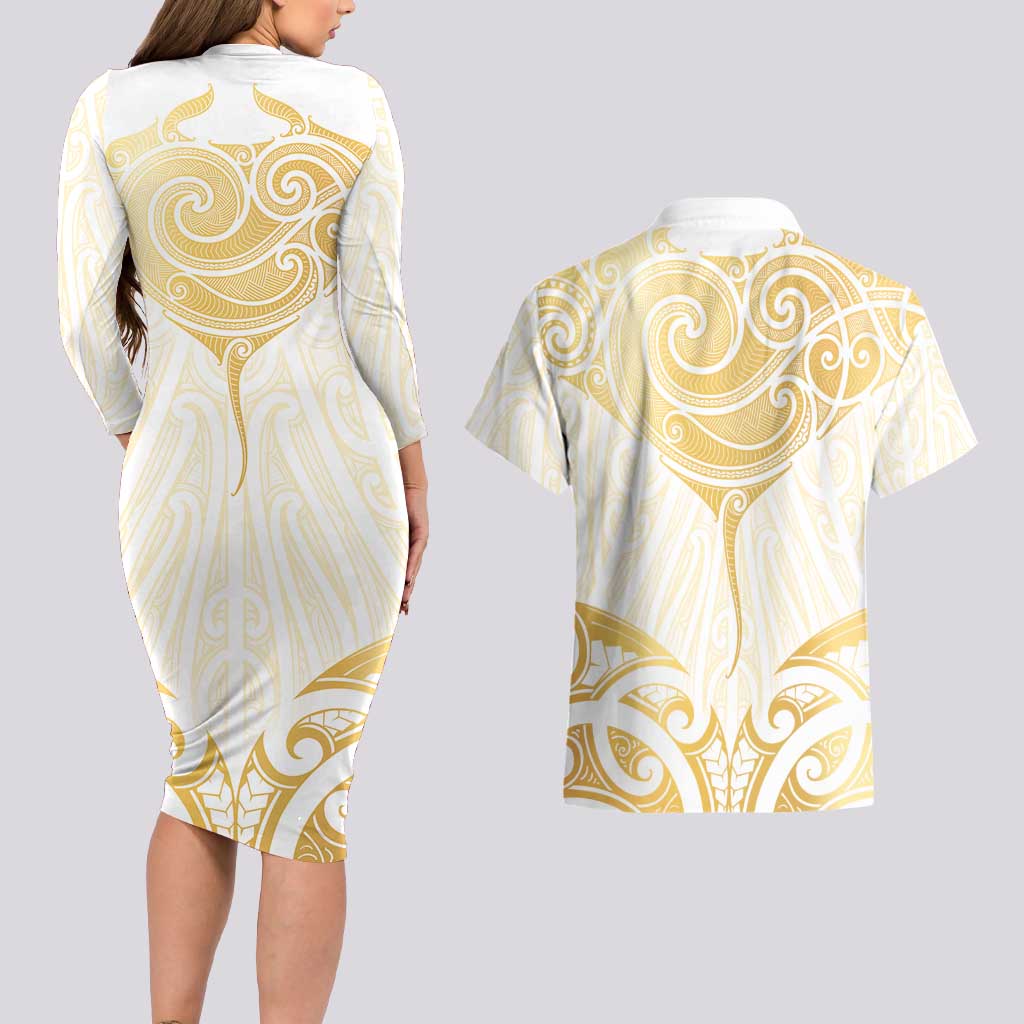 Gold White New Zealand Manta Ray Couples Matching Long Sleeve Bodycon Dress and Hawaiian Shirt Aotearoa Maori Haehae - Aussie Hoodie
