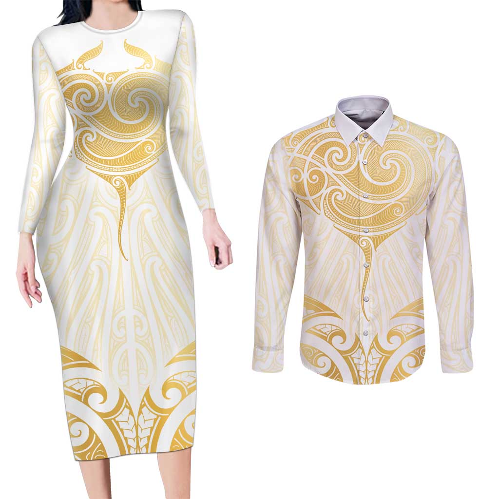 Gold White New Zealand Manta Ray Couples Matching Long Sleeve Bodycon Dress and Long Sleeve Button Shirt Aotearoa Maori Haehae - Aussie Hoodie