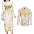 Gold White New Zealand Manta Ray Couples Matching Long Sleeve Bodycon Dress and Long Sleeve Button Shirt Aotearoa Maori Haehae - Aussie Hoodie