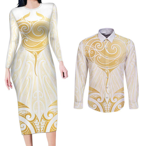 Gold White New Zealand Manta Ray Couples Matching Long Sleeve Bodycon Dress and Long Sleeve Button Shirt Aotearoa Maori Haehae - Aussie Hoodie