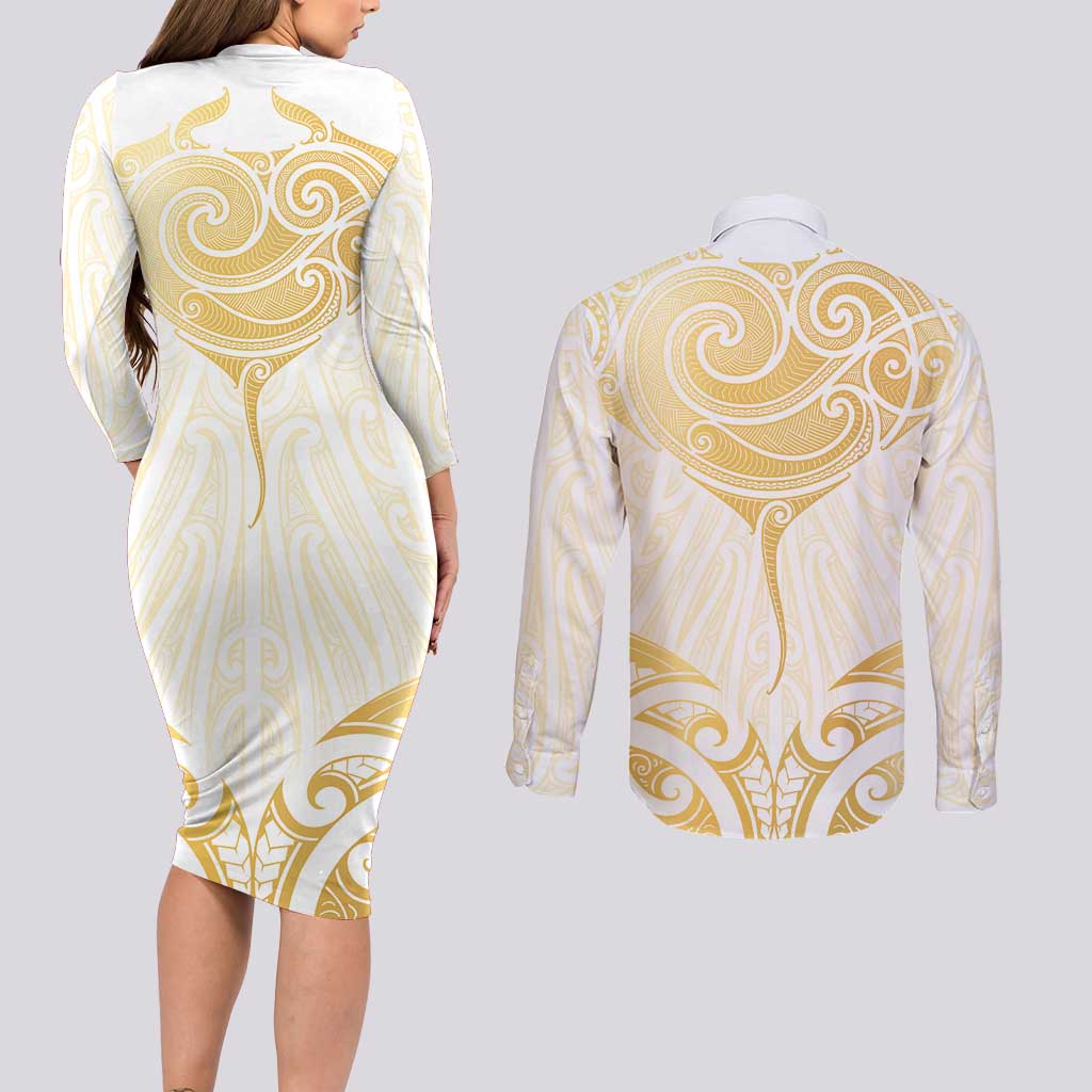 Gold White New Zealand Manta Ray Couples Matching Long Sleeve Bodycon Dress and Long Sleeve Button Shirt Aotearoa Maori Haehae - Aussie Hoodie