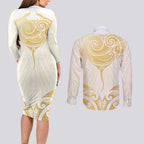 Gold White New Zealand Manta Ray Couples Matching Long Sleeve Bodycon Dress and Long Sleeve Button Shirt Aotearoa Maori Haehae - Aussie Hoodie