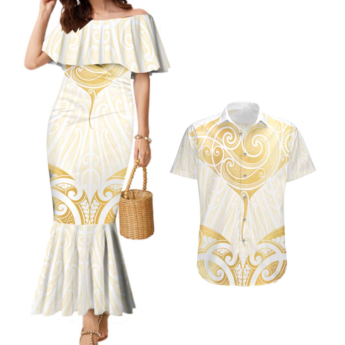 Gold White New Zealand Manta Ray Couples Matching Mermaid Dress and Hawaiian Shirt Aotearoa Maori Haehae - Aussie Hoodie