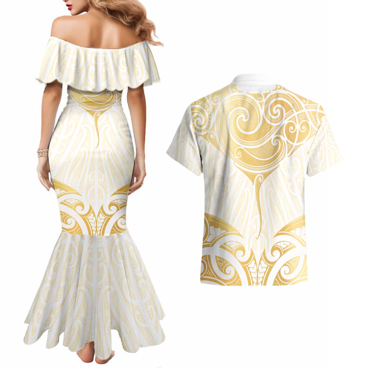 Gold White New Zealand Manta Ray Couples Matching Mermaid Dress and Hawaiian Shirt Aotearoa Maori Haehae - Aussie Hoodie