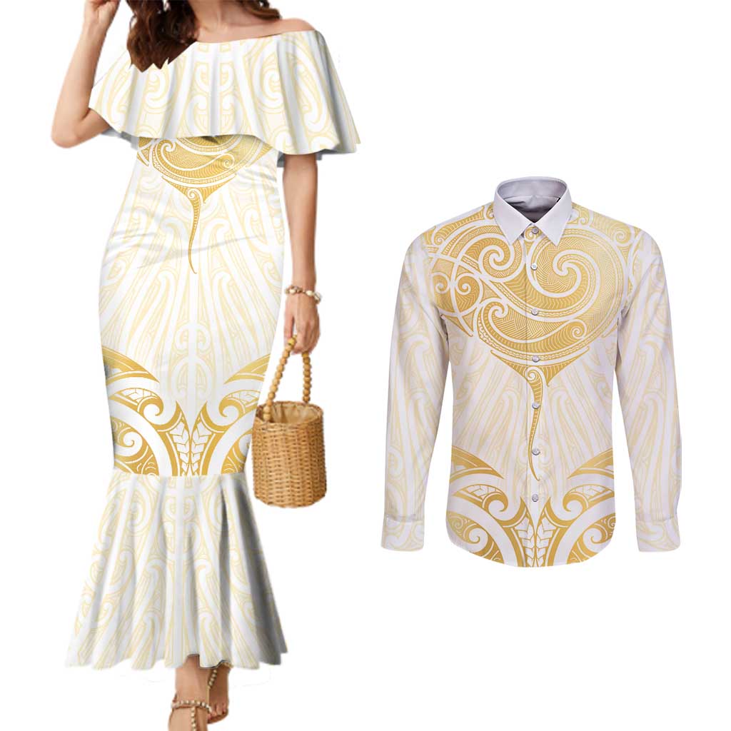 Gold White New Zealand Manta Ray Couples Matching Mermaid Dress and Long Sleeve Button Shirt Aotearoa Maori Haehae - Aussie Hoodie