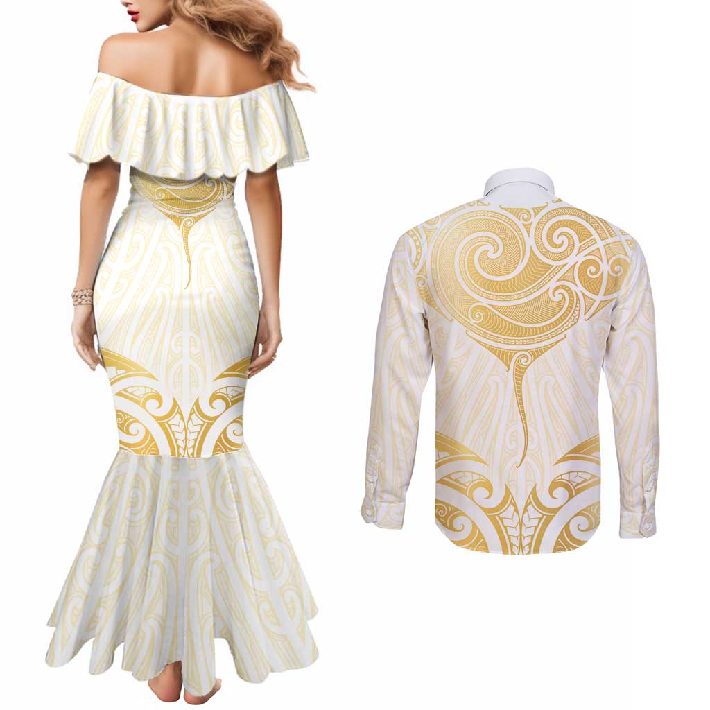 Gold White New Zealand Manta Ray Couples Matching Mermaid Dress and Long Sleeve Button Shirt Aotearoa Maori Haehae - Aussie Hoodie