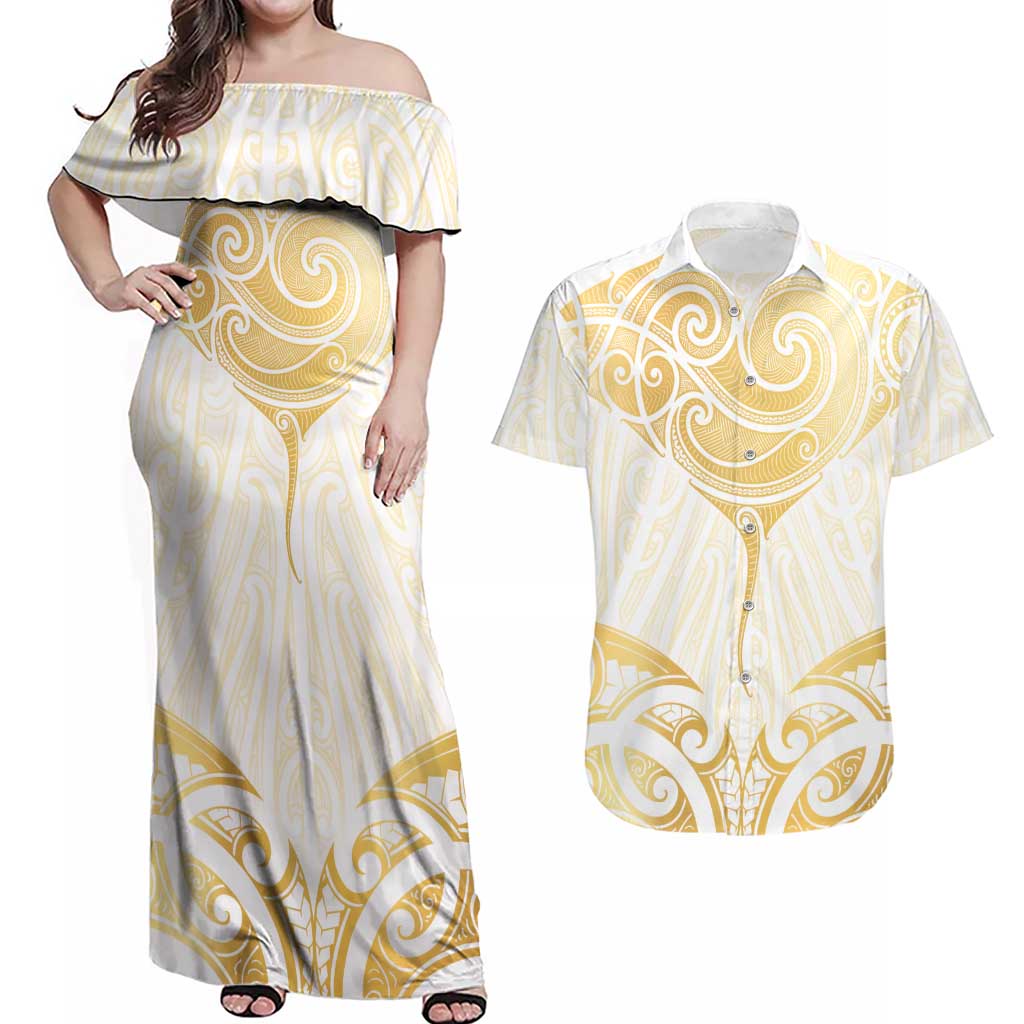 Gold White New Zealand Manta Ray Couples Matching Off Shoulder Maxi Dress and Hawaiian Shirt Aotearoa Maori Haehae - Aussie Hoodie