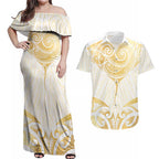 Gold White New Zealand Manta Ray Couples Matching Off Shoulder Maxi Dress and Hawaiian Shirt Aotearoa Maori Haehae - Aussie Hoodie