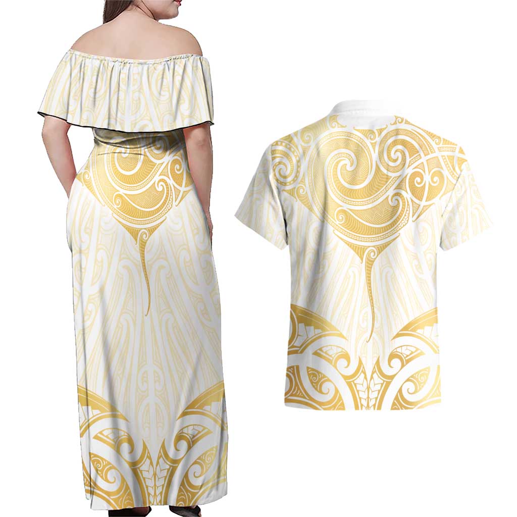 Gold White New Zealand Manta Ray Couples Matching Off Shoulder Maxi Dress and Hawaiian Shirt Aotearoa Maori Haehae - Aussie Hoodie