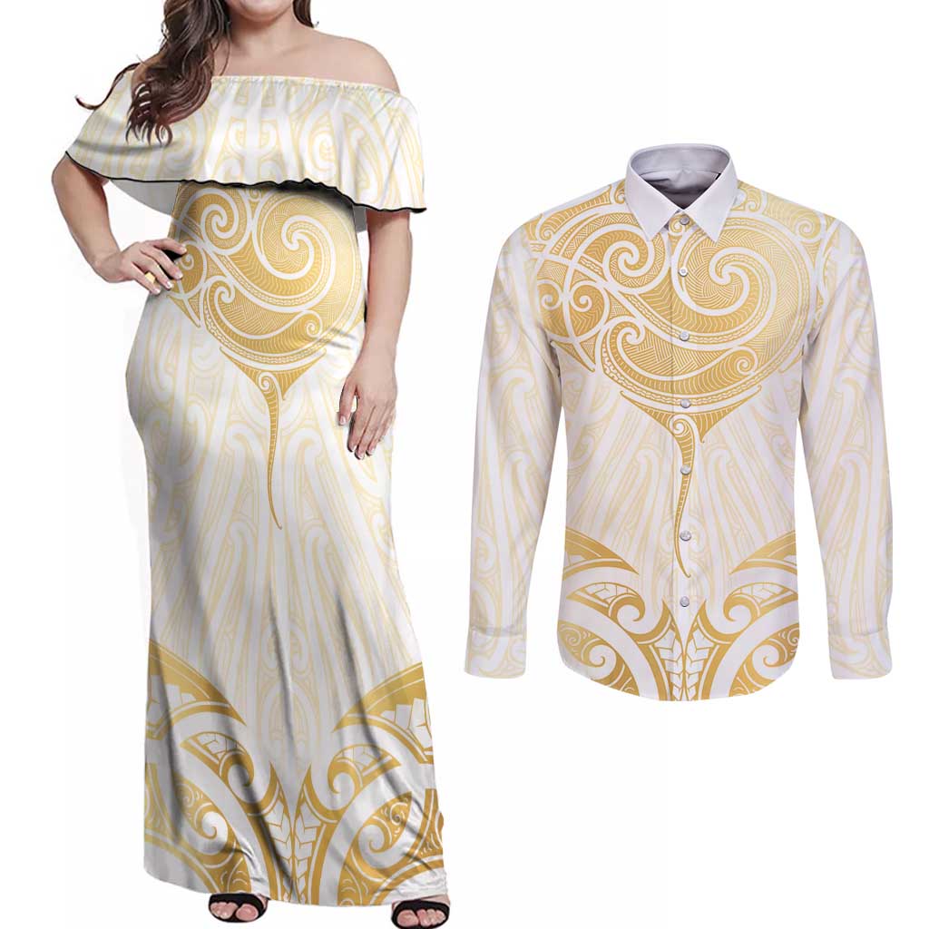 Gold White New Zealand Manta Ray Couples Matching Off Shoulder Maxi Dress and Long Sleeve Button Shirt Aotearoa Maori Haehae - Aussie Hoodie