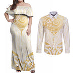 Gold White New Zealand Manta Ray Couples Matching Off Shoulder Maxi Dress and Long Sleeve Button Shirt Aotearoa Maori Haehae - Aussie Hoodie