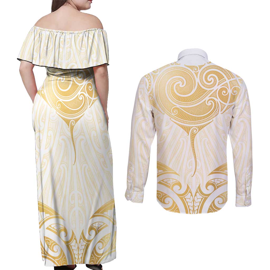 Gold White New Zealand Manta Ray Couples Matching Off Shoulder Maxi Dress and Long Sleeve Button Shirt Aotearoa Maori Haehae - Aussie Hoodie