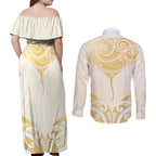 Gold White New Zealand Manta Ray Couples Matching Off Shoulder Maxi Dress and Long Sleeve Button Shirt Aotearoa Maori Haehae - Aussie Hoodie