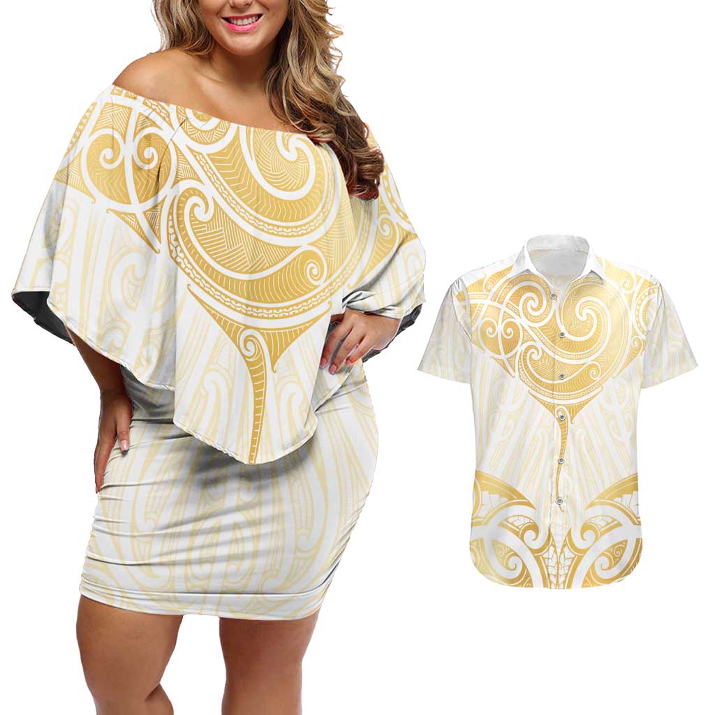 Gold White New Zealand Manta Ray Couples Matching Off Shoulder Short Dress and Hawaiian Shirt Aotearoa Maori Haehae - Aussie Hoodie