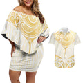 Gold White New Zealand Manta Ray Couples Matching Off Shoulder Short Dress and Hawaiian Shirt Aotearoa Maori Haehae - Aussie Hoodie