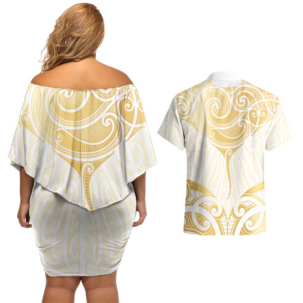Gold White New Zealand Manta Ray Couples Matching Off Shoulder Short Dress and Hawaiian Shirt Aotearoa Maori Haehae - Aussie Hoodie