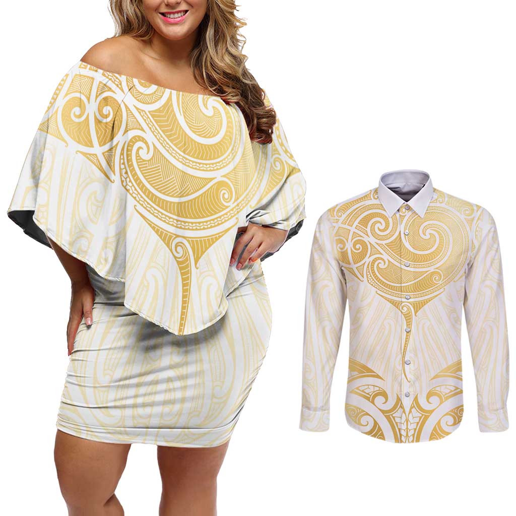 Gold White New Zealand Manta Ray Couples Matching Off Shoulder Short Dress and Long Sleeve Button Shirt Aotearoa Maori Haehae - Aussie Hoodie