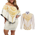 Gold White New Zealand Manta Ray Couples Matching Off Shoulder Short Dress and Long Sleeve Button Shirt Aotearoa Maori Haehae - Aussie Hoodie