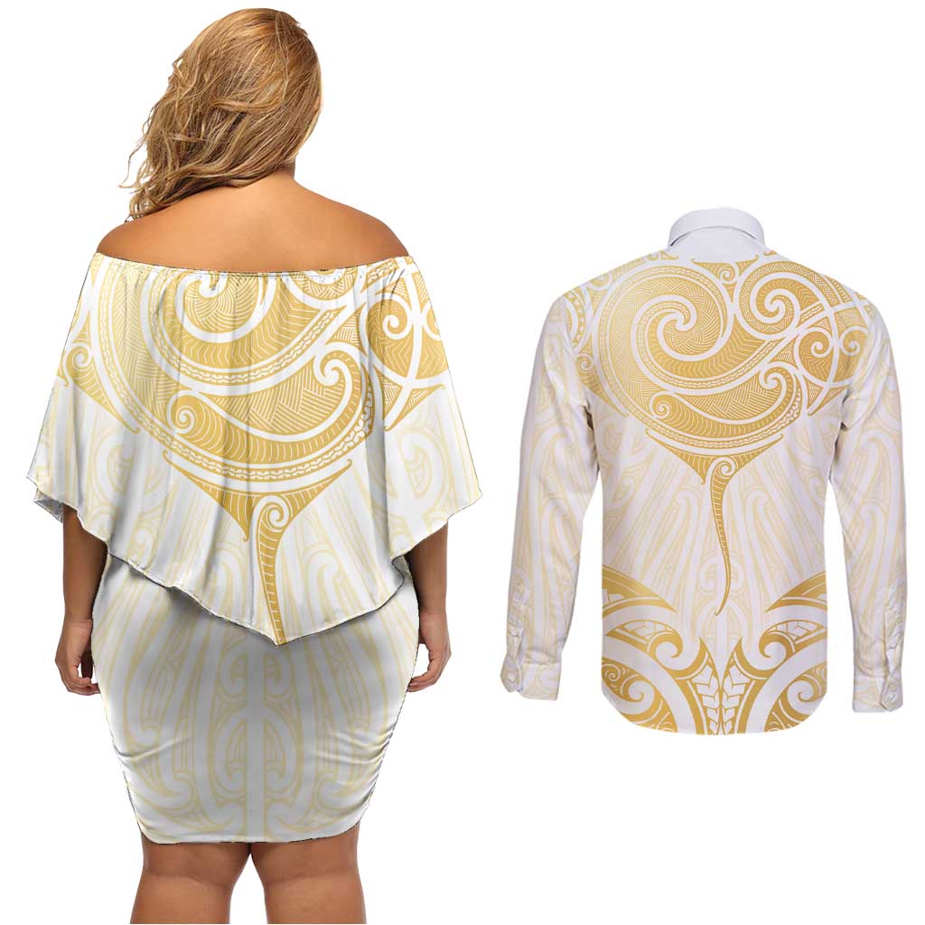 Gold White New Zealand Manta Ray Couples Matching Off Shoulder Short Dress and Long Sleeve Button Shirt Aotearoa Maori Haehae - Aussie Hoodie