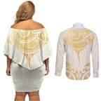 Gold White New Zealand Manta Ray Couples Matching Off Shoulder Short Dress and Long Sleeve Button Shirt Aotearoa Maori Haehae - Aussie Hoodie