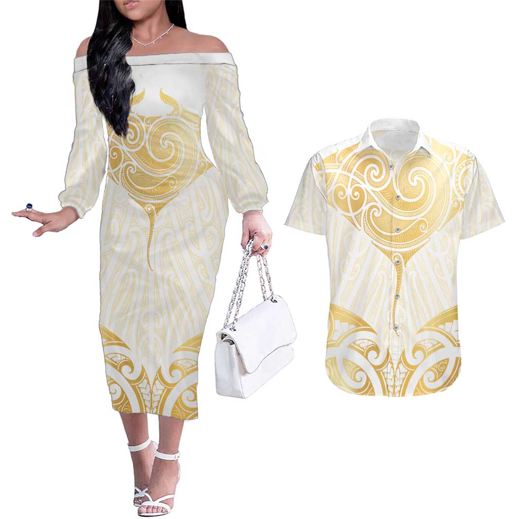 Gold White New Zealand Manta Ray Couples Matching Off The Shoulder Long Sleeve Dress and Hawaiian Shirt Aotearoa Maori Haehae - Aussie Hoodie