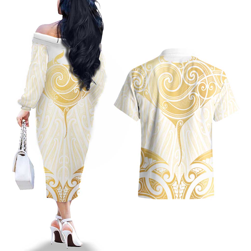 Gold White New Zealand Manta Ray Couples Matching Off The Shoulder Long Sleeve Dress and Hawaiian Shirt Aotearoa Maori Haehae - Aussie Hoodie