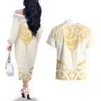 Gold White New Zealand Manta Ray Couples Matching Off The Shoulder Long Sleeve Dress and Hawaiian Shirt Aotearoa Maori Haehae - Aussie Hoodie