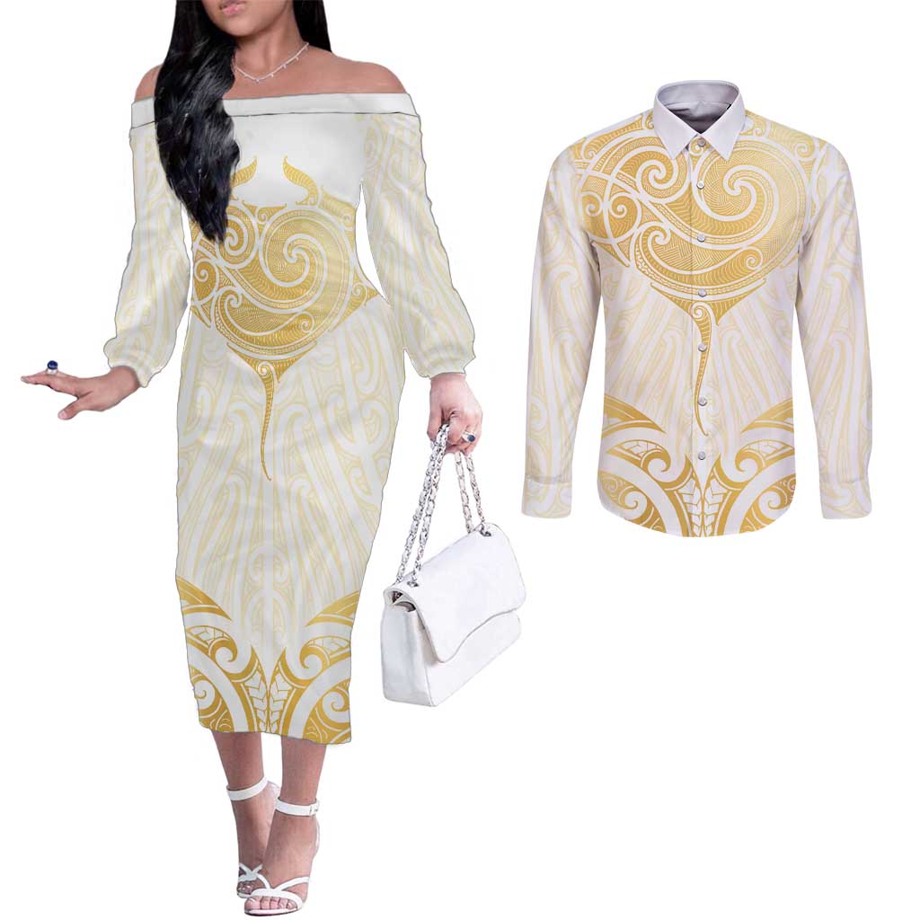 Gold White New Zealand Manta Ray Couples Matching Off The Shoulder Long Sleeve Dress and Long Sleeve Button Shirt Aotearoa Maori Haehae - Aussie Hoodie