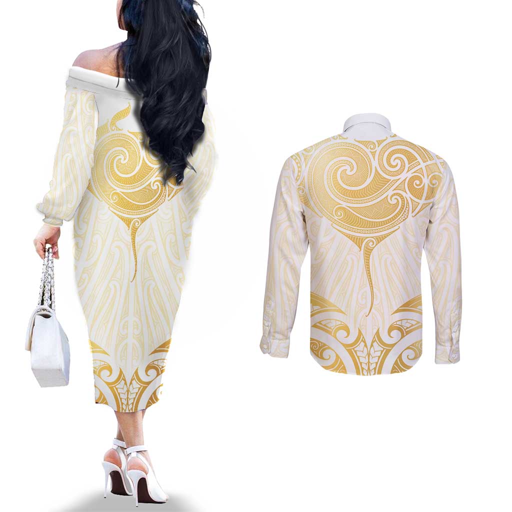 Gold White New Zealand Manta Ray Couples Matching Off The Shoulder Long Sleeve Dress and Long Sleeve Button Shirt Aotearoa Maori Haehae - Aussie Hoodie