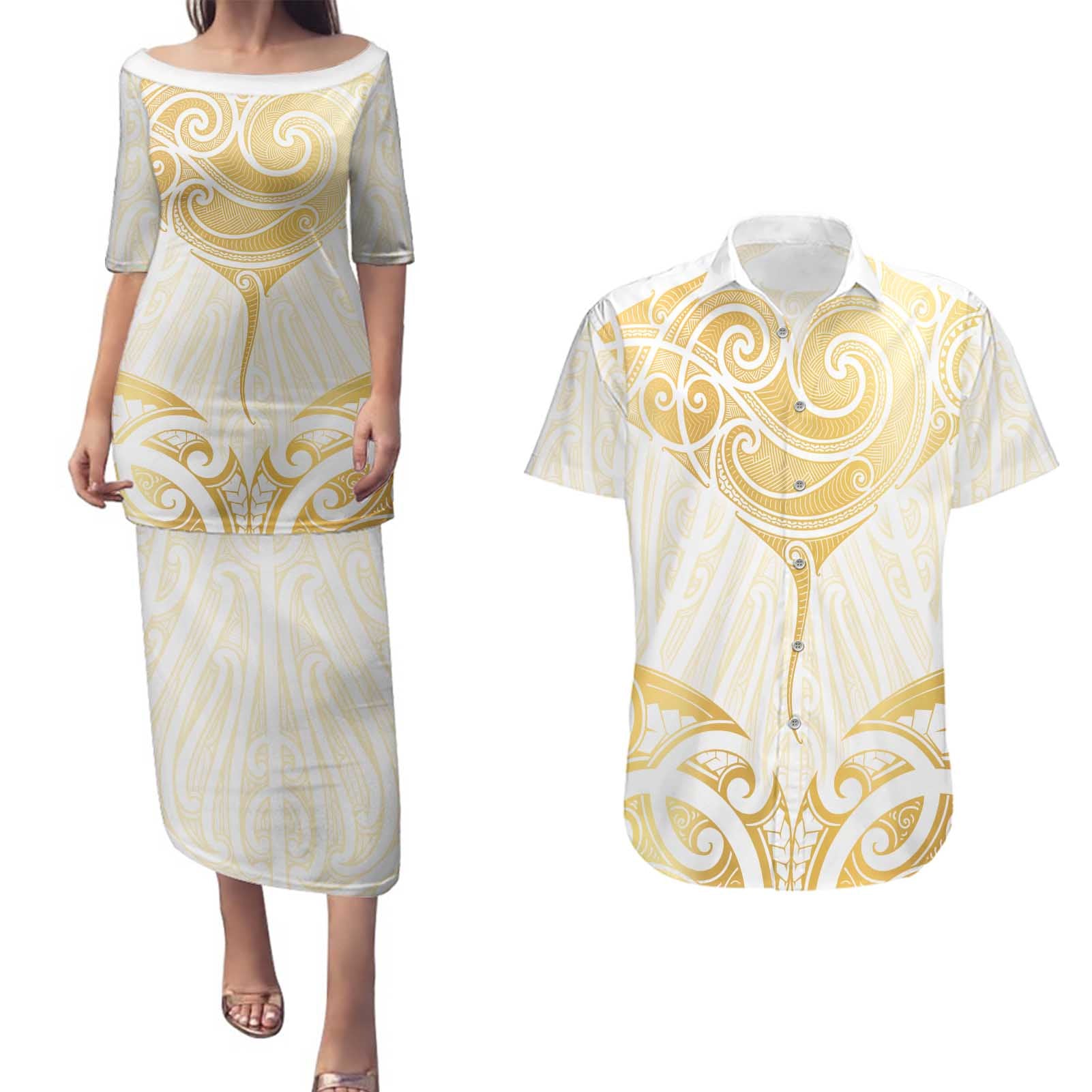 Gold White New Zealand Manta Ray Couples Matching Puletasi and Hawaiian Shirt Aotearoa Maori Haehae - Aussie Hoodie