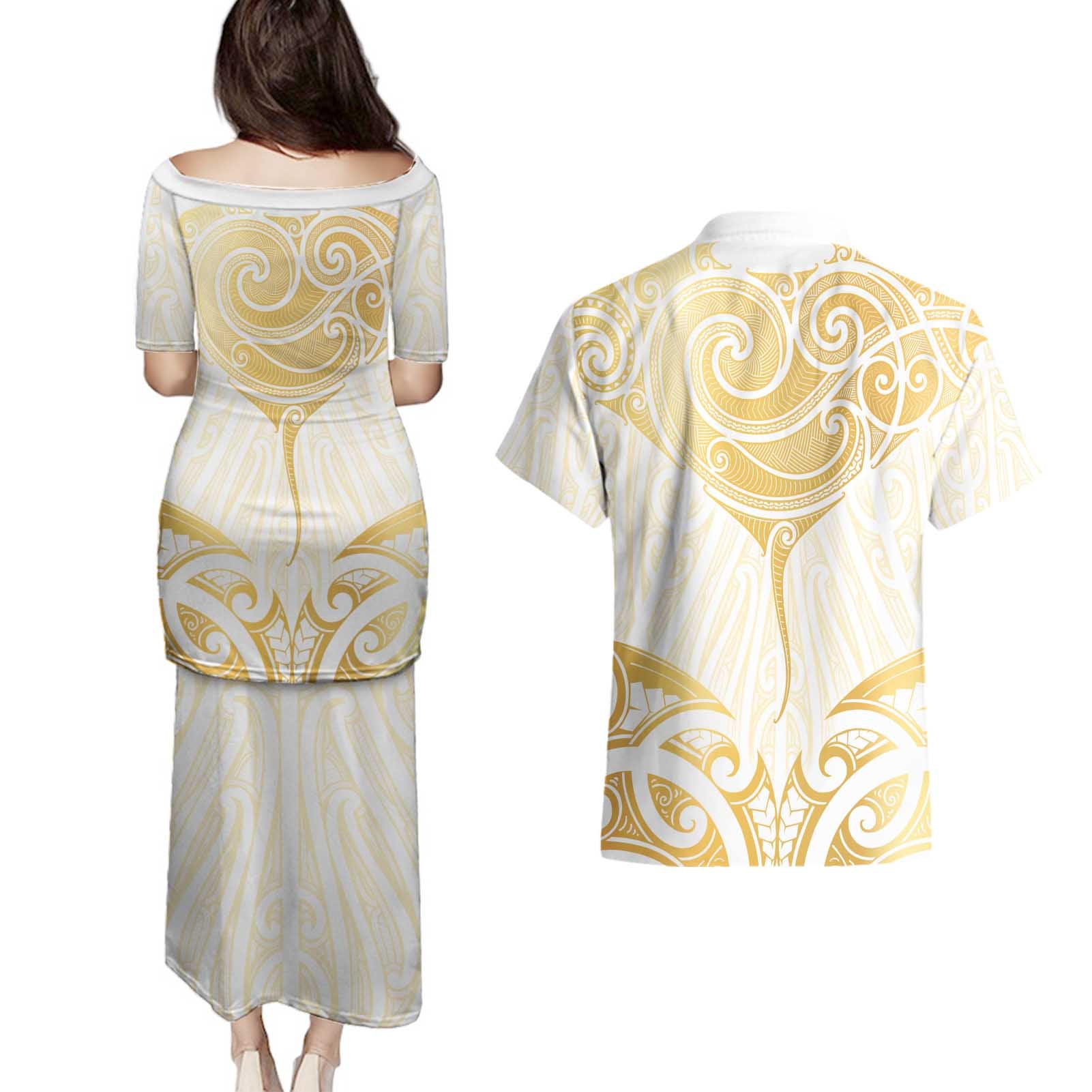 Gold White New Zealand Manta Ray Couples Matching Puletasi and Hawaiian Shirt Aotearoa Maori Haehae - Aussie Hoodie