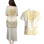 Gold White New Zealand Manta Ray Couples Matching Puletasi and Hawaiian Shirt Aotearoa Maori Haehae - Aussie Hoodie
