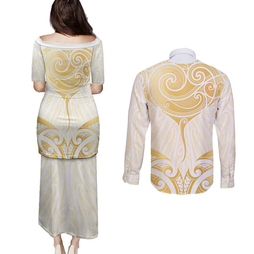 Gold White New Zealand Manta Ray Couples Matching Puletasi and Long Sleeve Button Shirt Aotearoa Maori Haehae - Aussie Hoodie