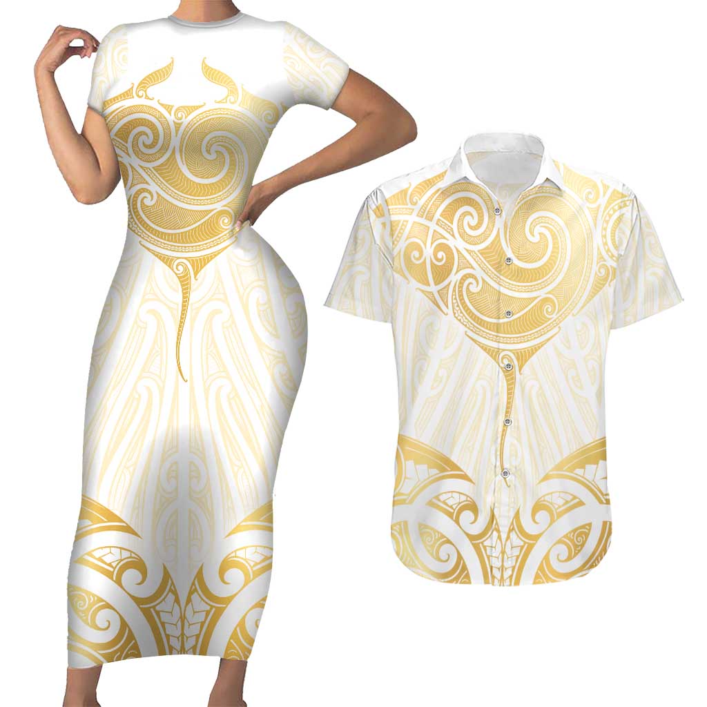 Gold White New Zealand Manta Ray Couples Matching Short Sleeve Bodycon Dress and Hawaiian Shirt Aotearoa Maori Haehae - Aussie Hoodie