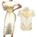 Gold White New Zealand Manta Ray Couples Matching Short Sleeve Bodycon Dress and Hawaiian Shirt Aotearoa Maori Haehae - Aussie Hoodie
