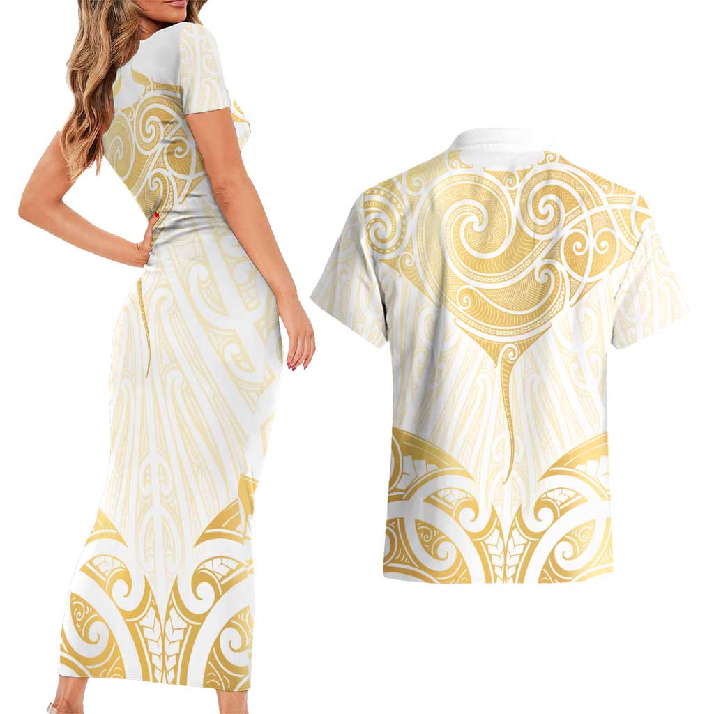 Gold White New Zealand Manta Ray Couples Matching Short Sleeve Bodycon Dress and Hawaiian Shirt Aotearoa Maori Haehae - Aussie Hoodie