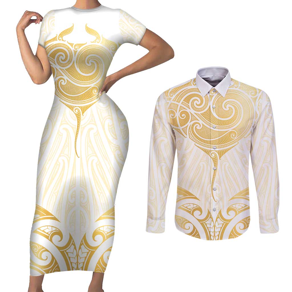 Gold White New Zealand Manta Ray Couples Matching Short Sleeve Bodycon Dress and Long Sleeve Button Shirt Aotearoa Maori Haehae - Aussie Hoodie