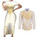 Gold White New Zealand Manta Ray Couples Matching Short Sleeve Bodycon Dress and Long Sleeve Button Shirt Aotearoa Maori Haehae - Aussie Hoodie