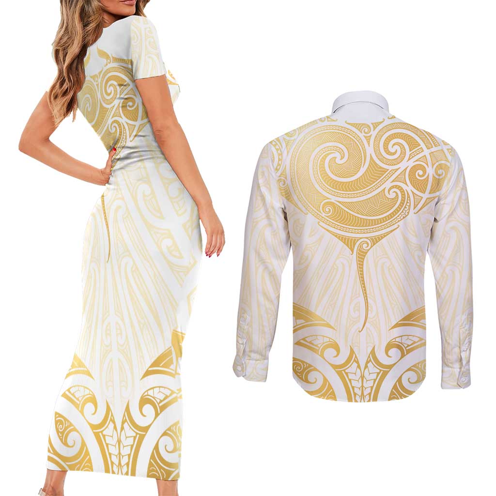 Gold White New Zealand Manta Ray Couples Matching Short Sleeve Bodycon Dress and Long Sleeve Button Shirt Aotearoa Maori Haehae - Aussie Hoodie