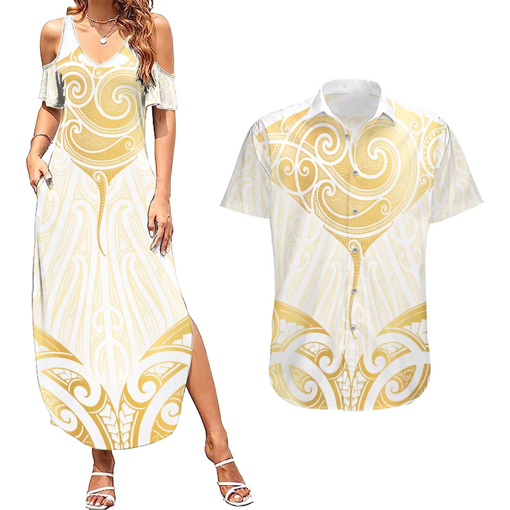 Gold White New Zealand Manta Ray Couples Matching Summer Maxi Dress and Hawaiian Shirt Aotearoa Maori Haehae - Aussie Hoodie