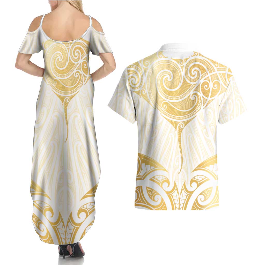Gold White New Zealand Manta Ray Couples Matching Summer Maxi Dress and Hawaiian Shirt Aotearoa Maori Haehae - Aussie Hoodie