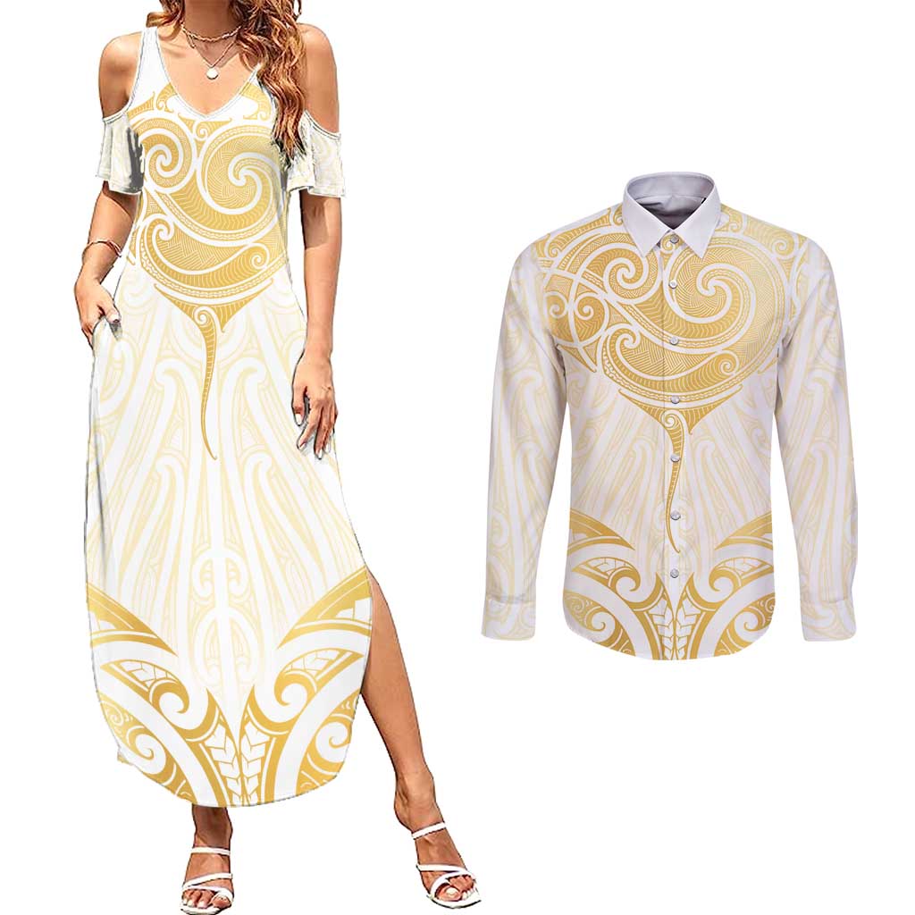 Gold White New Zealand Manta Ray Couples Matching Summer Maxi Dress and Long Sleeve Button Shirt Aotearoa Maori Haehae - Aussie Hoodie