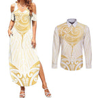 Gold White New Zealand Manta Ray Couples Matching Summer Maxi Dress and Long Sleeve Button Shirt Aotearoa Maori Haehae - Aussie Hoodie