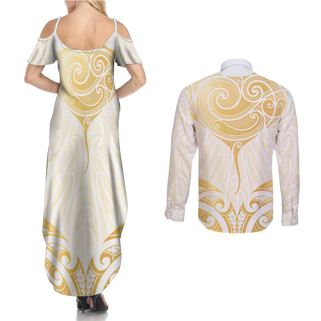 Gold White New Zealand Manta Ray Couples Matching Summer Maxi Dress and Long Sleeve Button Shirt Aotearoa Maori Haehae - Aussie Hoodie