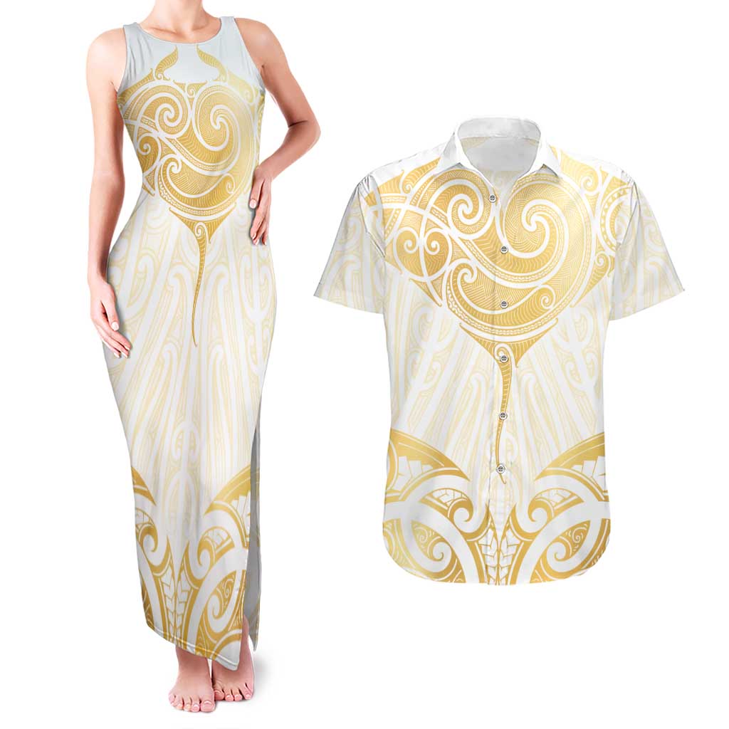 Gold White New Zealand Manta Ray Couples Matching Tank Maxi Dress and Hawaiian Shirt Aotearoa Maori Haehae - Aussie Hoodie